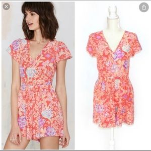 Yumi Kim Coral Floral V-Neck Romper with Lavender Roses